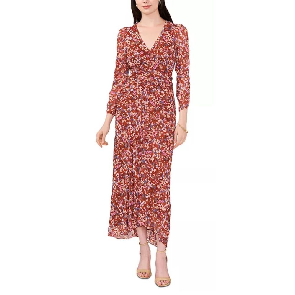 Msk Women's Floral Chiffon V-Neck Ruched 3/4 Sleeves Maxi Dress Brown Large